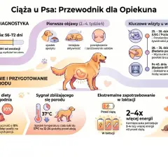Przewodnik po ciąży u psa: objawy, wizyty u weterynarza, żywienie i przygotowanie do porodu. Grafika pokazuje psa z płodem, zmiany w zachowaniu i ciele suki, oraz potrzeby żywieniowe.