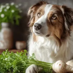 Pies zastanawia się, czy pies może jeść pietruszkę. Obok leżą świeże korzenie i zielona natka.