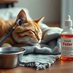 Chory kotek odpoczywa pod kocem, obok miseczka z wodą i buteleczka leku "Fefer" na gorączkę u kota.