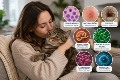 Kobieta tuli kota, a obok grafiki przedstawiające choroby od kota: toksoplazmozę, grzybicę, kleszcze, tokokarozę, chorobę kociego pazura, salmonellę i wściekliznę.