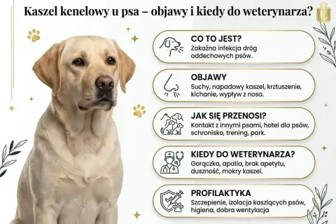 Labrador z objawami kaszlu kenelowego, który może objawiać się kichaniem. Informacje o chorobie psa.