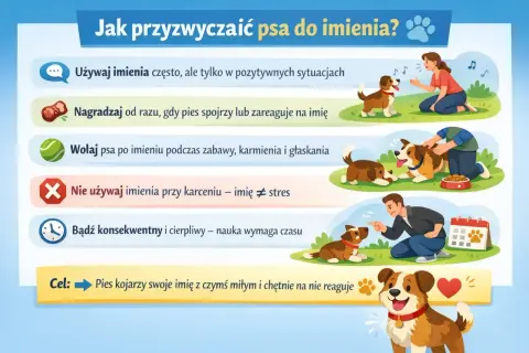 Jak nauczyć psa reagować na imię? Używaj go w pozytywnych sytuacjach, nagradzaj za reakcję i bądź cierpliwy. Pies skojarzy swoje imię z czymś miłym.