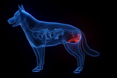 Anatomia psa z uwydatnionym na czerwono psi penis i układem rozrodczym.