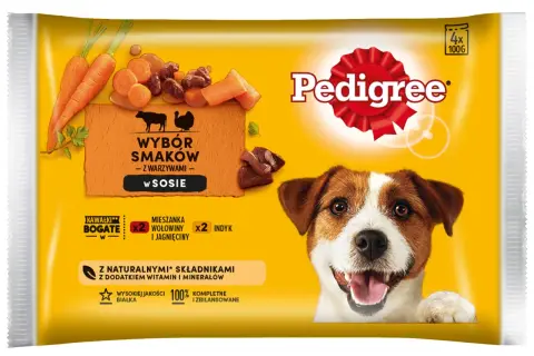 Czy karma Pedigree jest dobra? Opakowanie karmy z wołowiną i jagnięciną, warzywami w sosie, z dodatkiem witamin i minerałów.