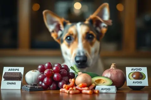 Pies patrzy na stół z zakazanymi produktami: czekoladą, winogronami, cebulą, awokado. Zastanawiasz się, jakie przyprawy dla psa są bezpieczne?