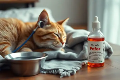 Chory kotek odpoczywa pod kocem, obok miseczka z wodą i buteleczka leku "Fefer" na gorączkę u kota.