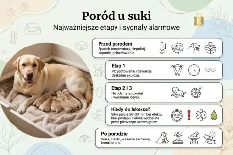 Szczęśliwa suka labrador z kilkoma nowo narodzonymi szczeniętami, ilustrująca etapy porodu psa.