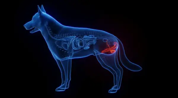 Anatomia psa z uwydatnionym na czerwono psi penis i układem rozrodczym.
