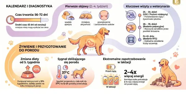 Przewodnik po ciąży u psa: objawy, wizyty u weterynarza, żywienie i przygotowanie do porodu. Grafika pokazuje psa z płodem, zmiany w zachowaniu i ciele suki, oraz potrzeby żywieniowe.