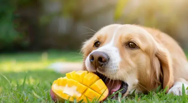 Złocisty piesek z apetytem gryzie soczyste mango. Czy pies może mango? Ten słodki łasuch zdaje się odpowiadać "tak"!
