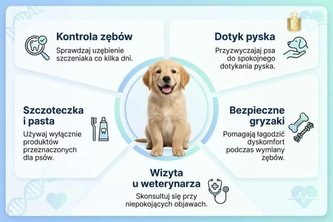Szczeniak golden retrievera, ilustracja pokazuje jak dbać o jego zęby. Dowiedz się, ile pies ma zębów i jak o nie prawidłowo dbać.