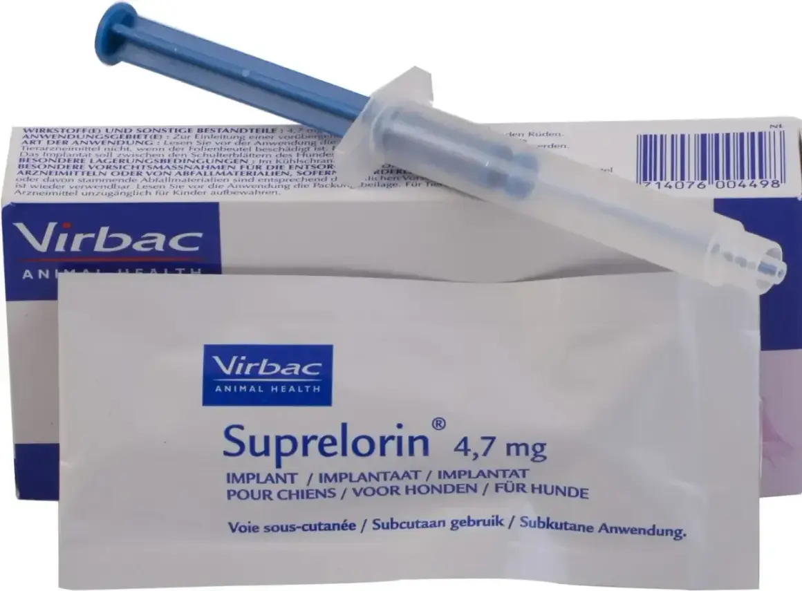 Zestaw do **kastracja chemiczna psa**: implant Suprelorin 4,7 mg od Virbac i aplikator.