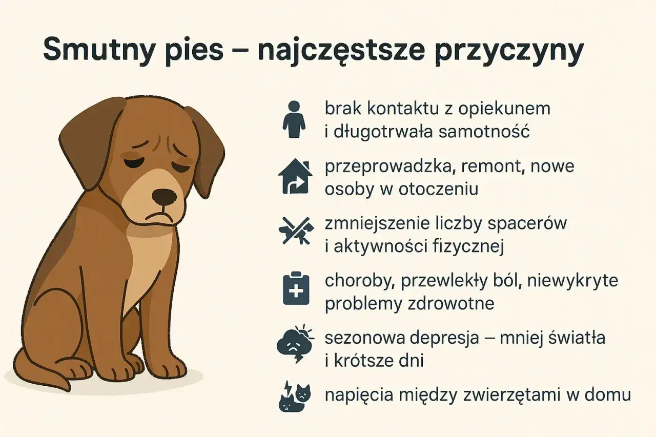 Smutny pies, który jest osowiały i ciągle śpi, może cierpieć z powodu samotności, zmian w otoczeniu, braku ruchu, bólu lub sezonowej depresji.