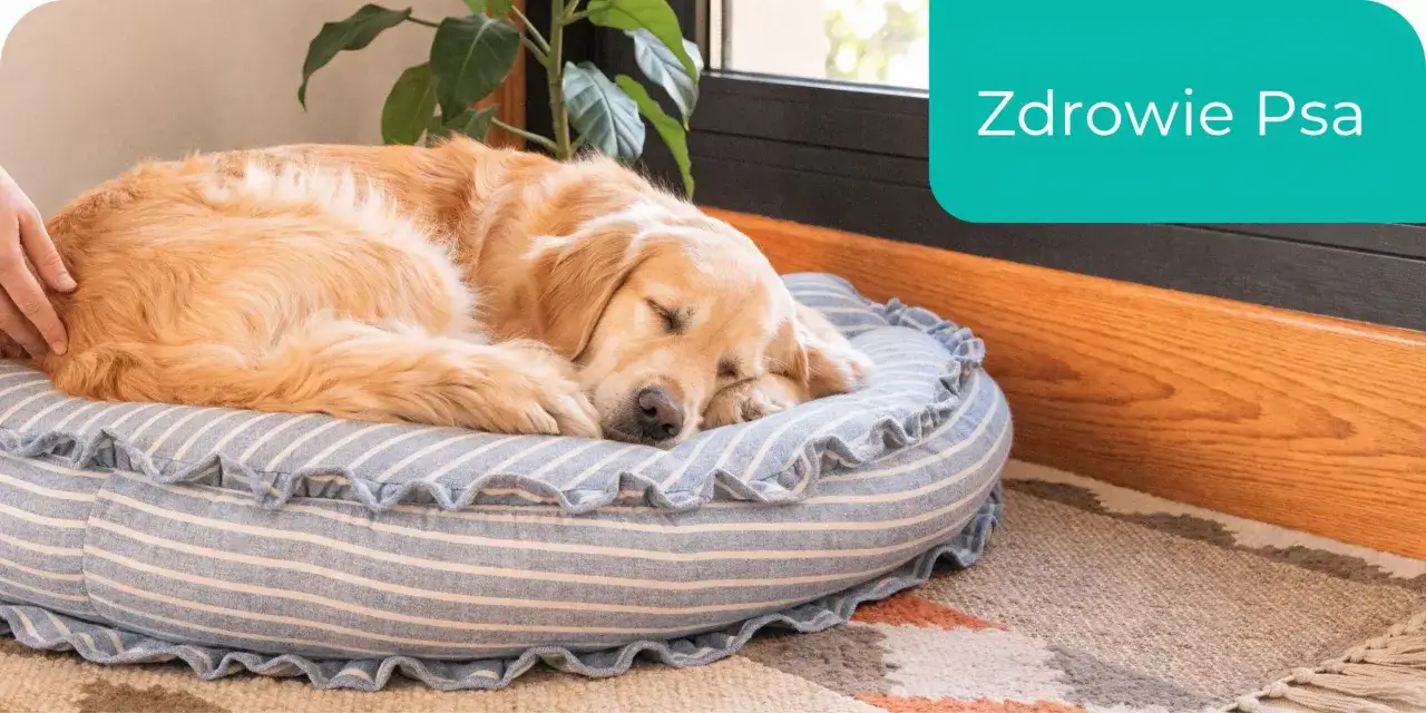 Złoty retriever śpi na wygodnym legowisku. To pokazuje, ile śpi szczeniak, gdy jest zdrowy i szczęśliwy.