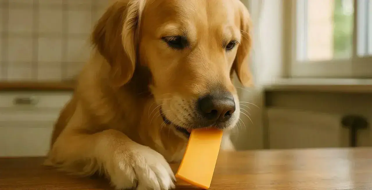Złoty retriever z kawałkiem sera żółtego w pysku. Czy pies może jeść ser żółty? Ten słodki łasuch chyba wie!