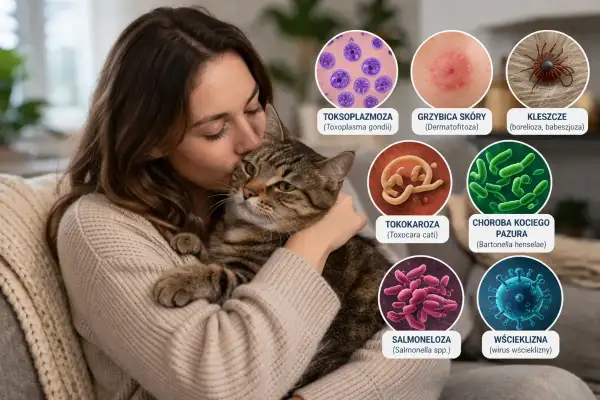 Kobieta tuli kota, a obok grafiki przedstawiające choroby od kota: toksoplazmozę, grzybicę, kleszcze, tokokarozę, chorobę kociego pazura, salmonellę i wściekliznę.