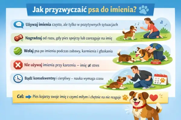 Jak nauczyć psa reagować na imię? Używaj go w pozytywnych sytuacjach, nagradzaj za reakcję i bądź cierpliwy. Pies skojarzy swoje imię z czymś miłym.