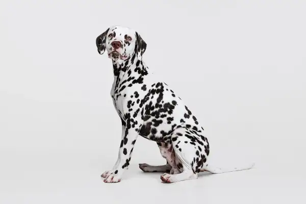 Uroczy dog o białej sierści w czarne cętki siedzi cierpliwie, czekając na pochwałę.