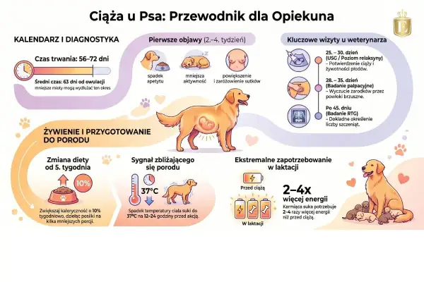 Przewodnik po ciąży u psa: objawy, wizyty u weterynarza, żywienie i przygotowanie do porodu. Grafika pokazuje psa z płodem, zmiany w zachowaniu i ciele suki, oraz potrzeby żywieniowe.