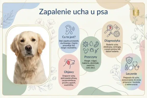 Złoty retriever z zapaleniem ucha, objawiającym się czarnym brudem w uszach psa, swędzeniem i wydzieliną.