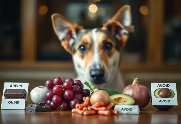 Pies patrzy na stół z zakazanymi produktami: czekoladą, winogronami, cebulą, awokado. Zastanawiasz się, jakie przyprawy dla psa są bezpieczne?