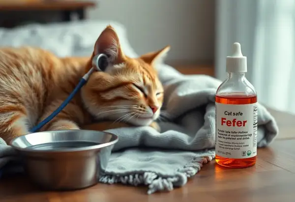 Chory kotek odpoczywa pod kocem, obok miseczka z wodą i buteleczka leku "Fefer" na gorączkę u kota.