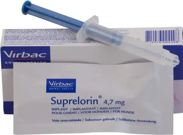 Zestaw do **kastracja chemiczna psa**: implant Suprelorin 4,7 mg od Virbac i aplikator.